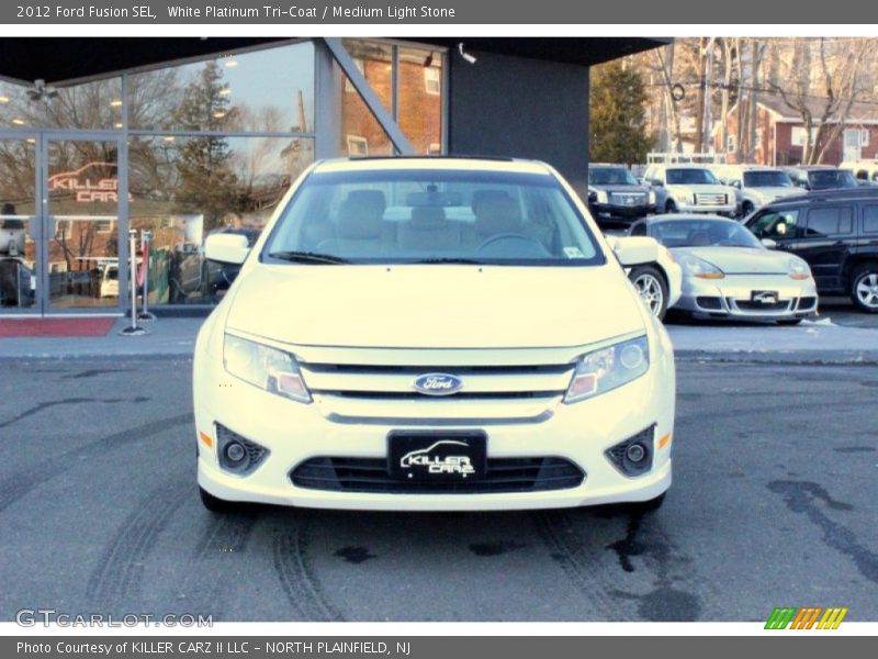 White Platinum Tri-Coat / Medium Light Stone 2012 Ford Fusion SEL