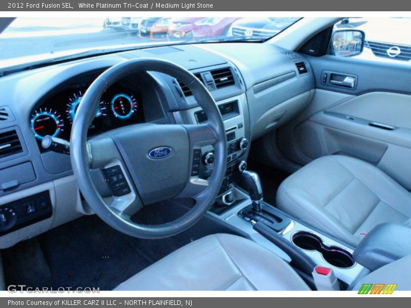 White Platinum Tri-Coat / Medium Light Stone 2012 Ford Fusion SEL