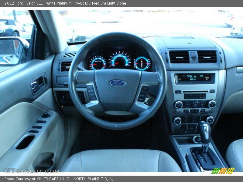 White Platinum Tri-Coat / Medium Light Stone 2012 Ford Fusion SEL