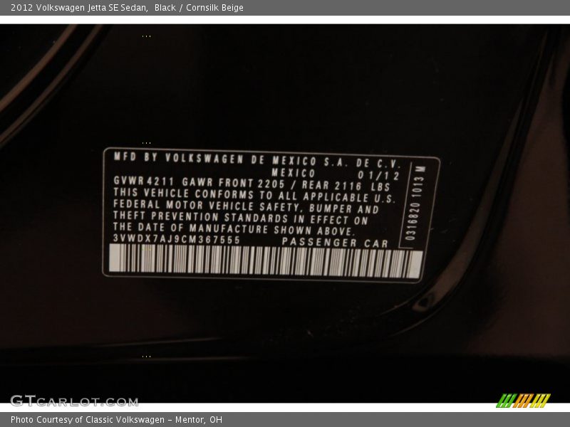 Black / Cornsilk Beige 2012 Volkswagen Jetta SE Sedan