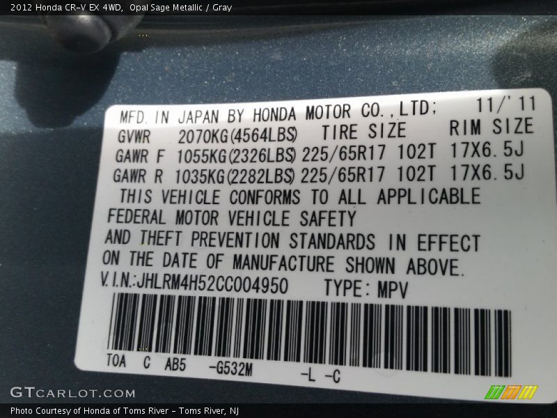 Opal Sage Metallic / Gray 2012 Honda CR-V EX 4WD