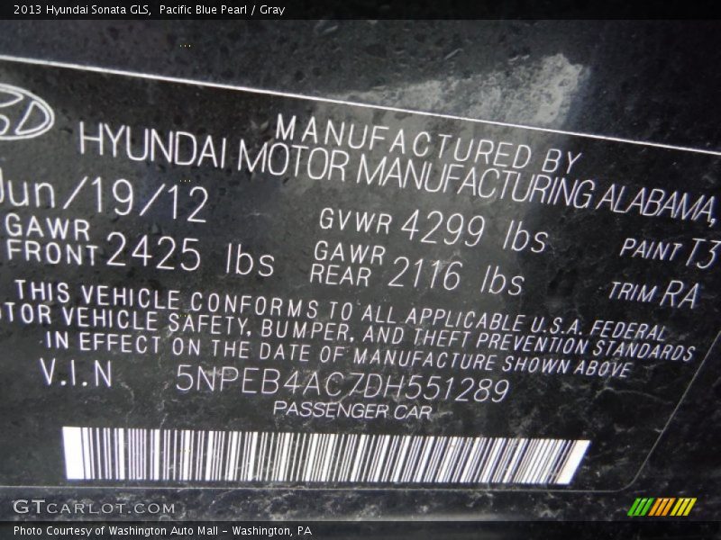Pacific Blue Pearl / Gray 2013 Hyundai Sonata GLS