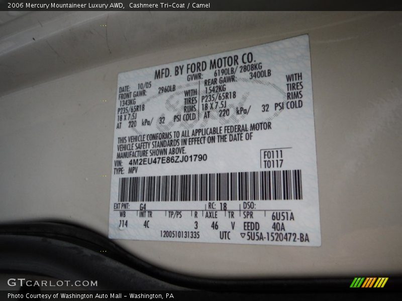 Cashmere Tri-Coat / Camel 2006 Mercury Mountaineer Luxury AWD