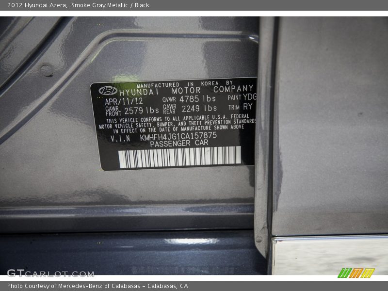 Smoke Gray Metallic / Black 2012 Hyundai Azera
