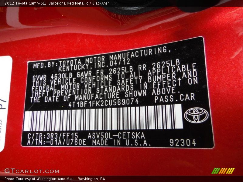 Barcelona Red Metallic / Black/Ash 2012 Toyota Camry SE