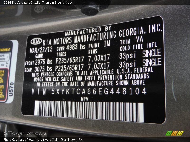 Titanium Silver / Black 2014 Kia Sorento LX AWD