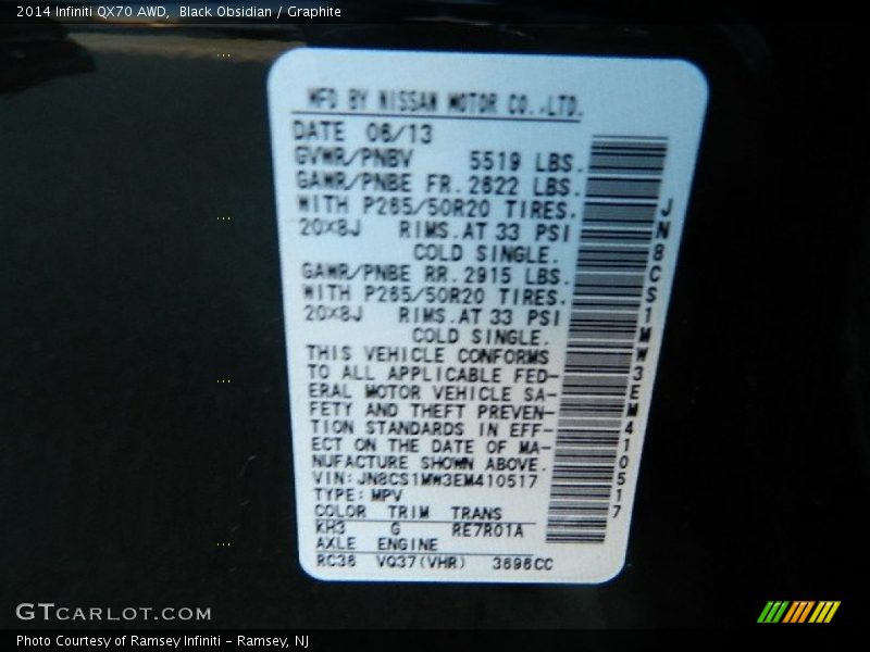 2014 QX70 AWD Black Obsidian Color Code KH3
