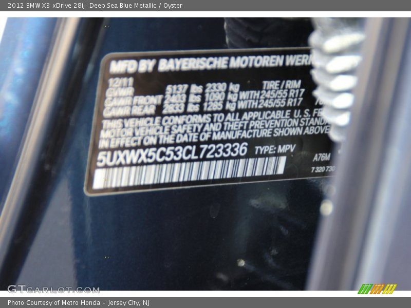Deep Sea Blue Metallic / Oyster 2012 BMW X3 xDrive 28i