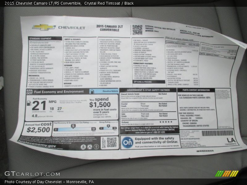  2015 Camaro LT/RS Convertible Window Sticker