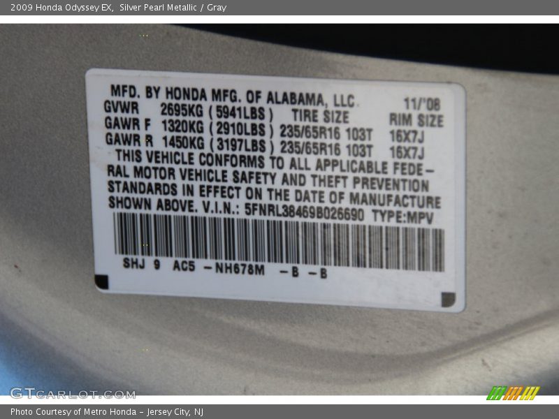 Silver Pearl Metallic / Gray 2009 Honda Odyssey EX