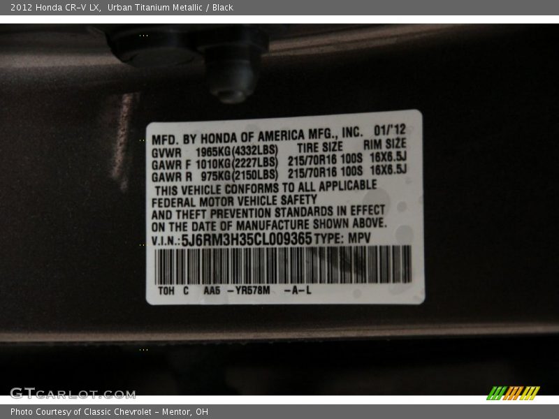 Urban Titanium Metallic / Black 2012 Honda CR-V LX
