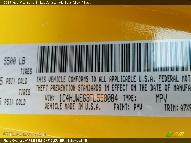 2015 Wrangler Unlimited Sahara 4x4 Baja Yellow Color Code PYV