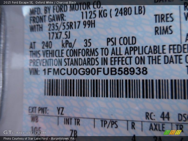 Oxford White / Charcoal Black 2015 Ford Escape SE