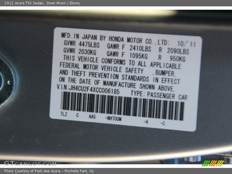 Silver Moon / Ebony 2012 Acura TSX Sedan