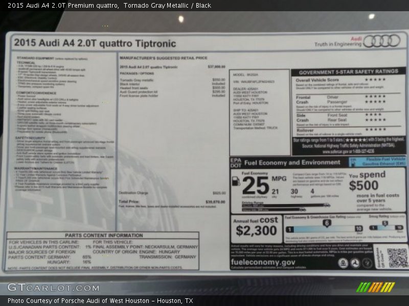  2015 A4 2.0T Premium quattro Window Sticker