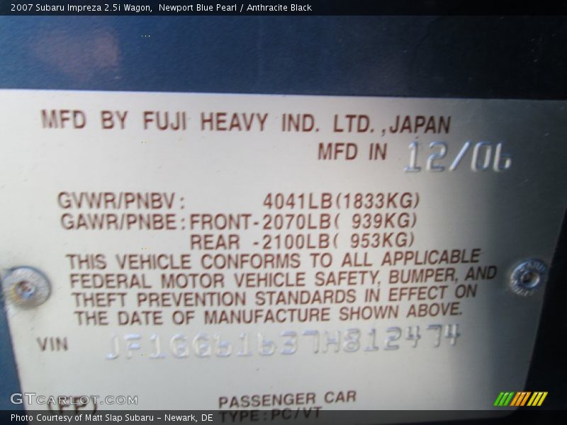 Newport Blue Pearl / Anthracite Black 2007 Subaru Impreza 2.5i Wagon