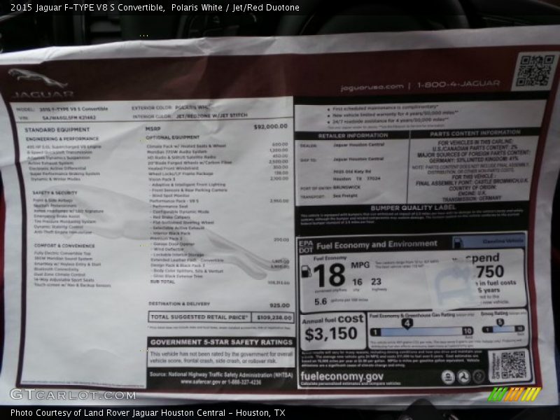  2015 F-TYPE V8 S Convertible Window Sticker