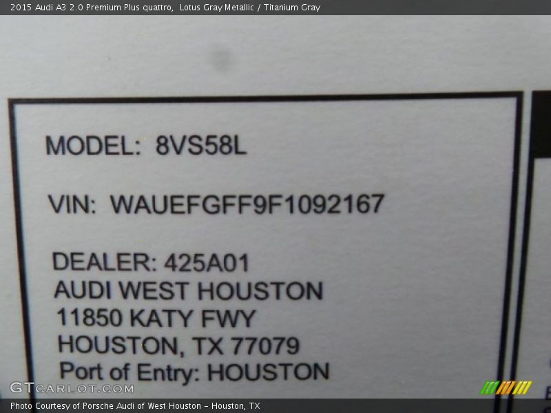 Lotus Gray Metallic / Titanium Gray 2015 Audi A3 2.0 Premium Plus quattro