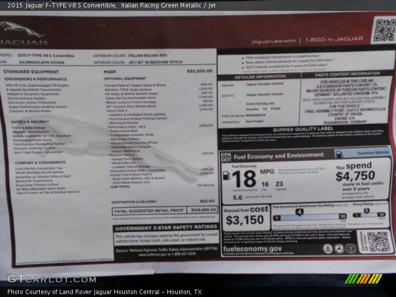  2015 F-TYPE V8 S Convertible Window Sticker