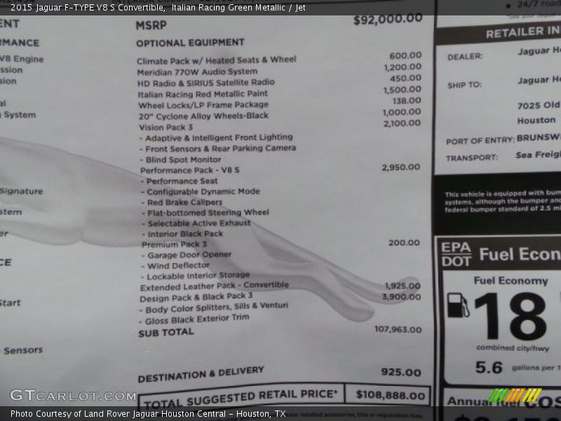  2015 F-TYPE V8 S Convertible Window Sticker