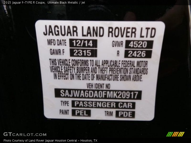 2015 F-TYPE R Coupe Ultimate Black Metallic Color Code PEL