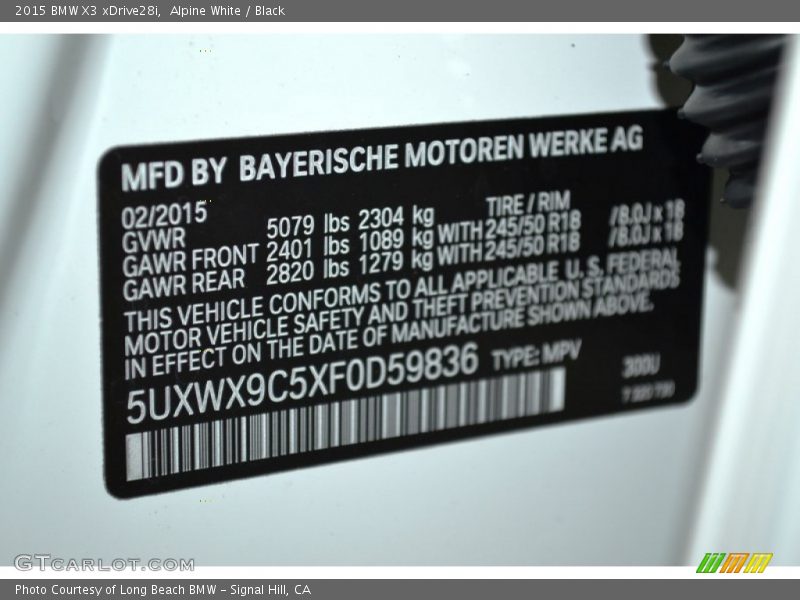 Alpine White / Black 2015 BMW X3 xDrive28i