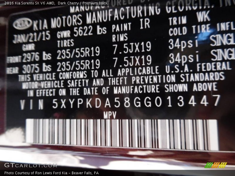 2016 Sorento SX V6 AWD Dark Cherry Color Code IR