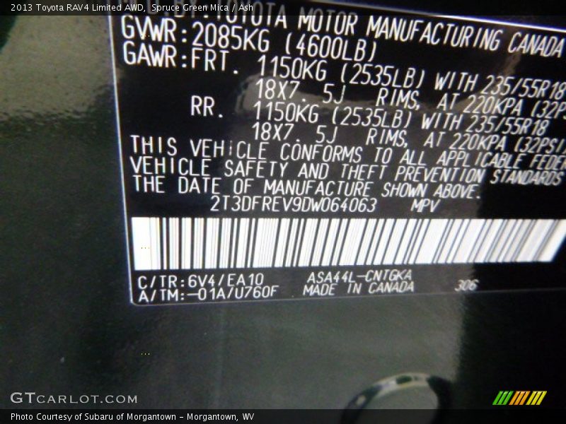 2013 RAV4 Limited AWD Spruce Green Mica Color Code 6V4