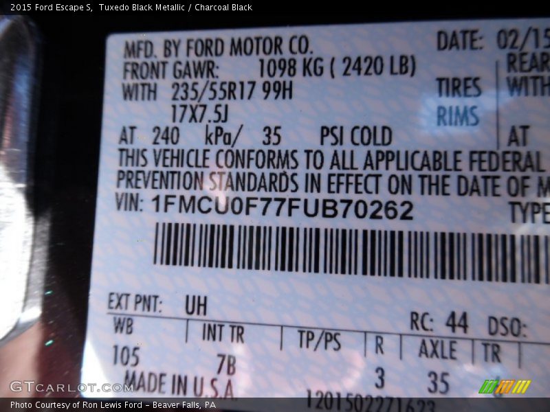 Tuxedo Black Metallic / Charcoal Black 2015 Ford Escape S