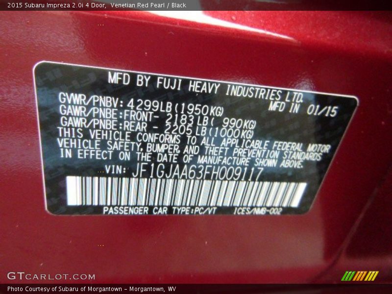 Venetian Red Pearl / Black 2015 Subaru Impreza 2.0i 4 Door