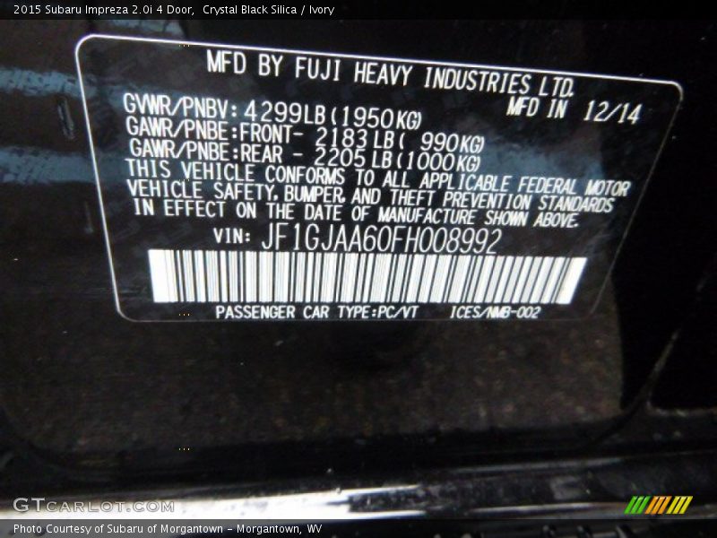 Crystal Black Silica / Ivory 2015 Subaru Impreza 2.0i 4 Door