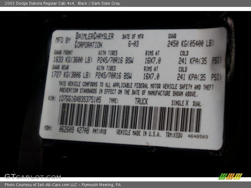 Black / Dark Slate Gray 2003 Dodge Dakota Regular Cab 4x4