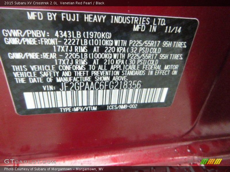 Venetian Red Pearl / Black 2015 Subaru XV Crosstrek 2.0i