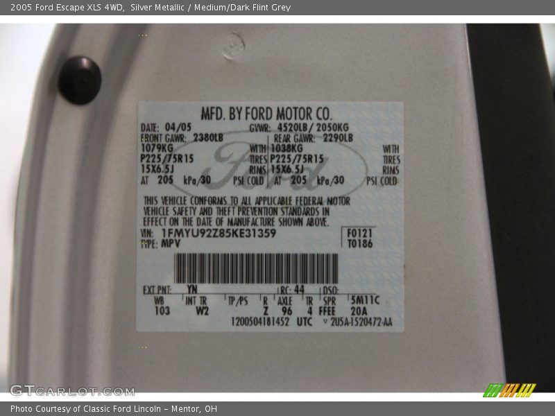2005 Escape XLS 4WD Silver Metallic Color Code YN