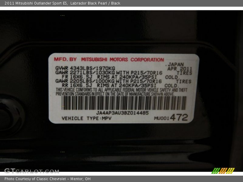 Labrador Black Pearl / Black 2011 Mitsubishi Outlander Sport ES