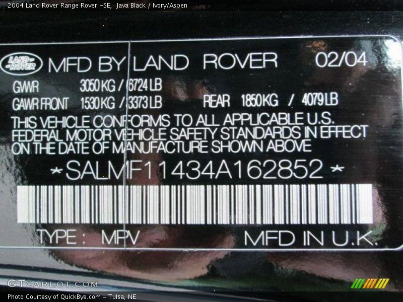 Java Black / Ivory/Aspen 2004 Land Rover Range Rover HSE