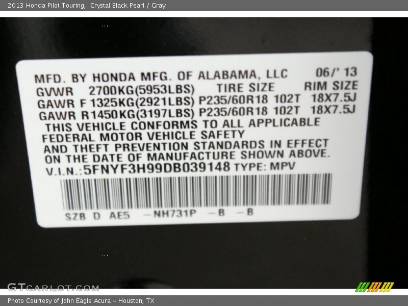 Crystal Black Pearl / Gray 2013 Honda Pilot Touring