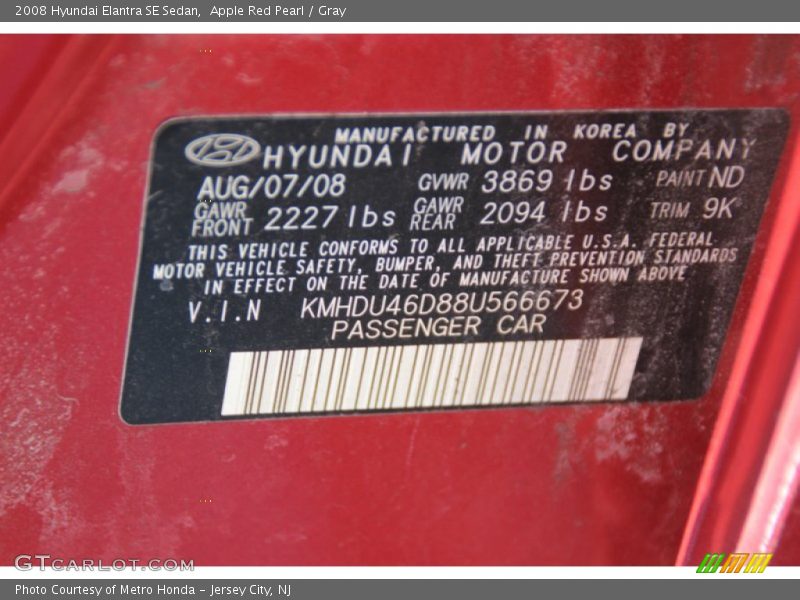 Apple Red Pearl / Gray 2008 Hyundai Elantra SE Sedan
