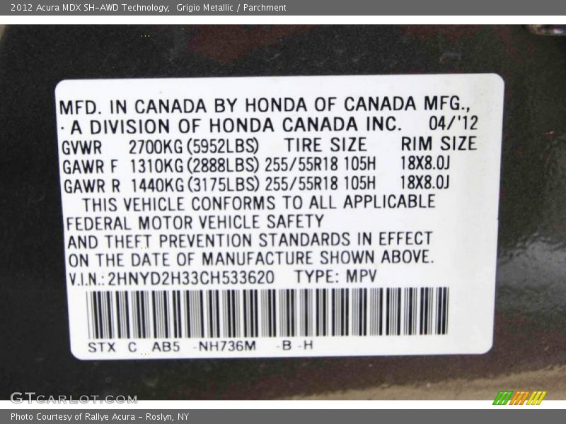 Grigio Metallic / Parchment 2012 Acura MDX SH-AWD Technology