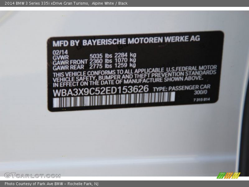 Alpine White / Black 2014 BMW 3 Series 335i xDrive Gran Turismo