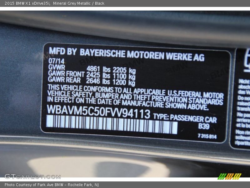 2015 X1 xDrive35i Mineral Grey Metallic Color Code B39