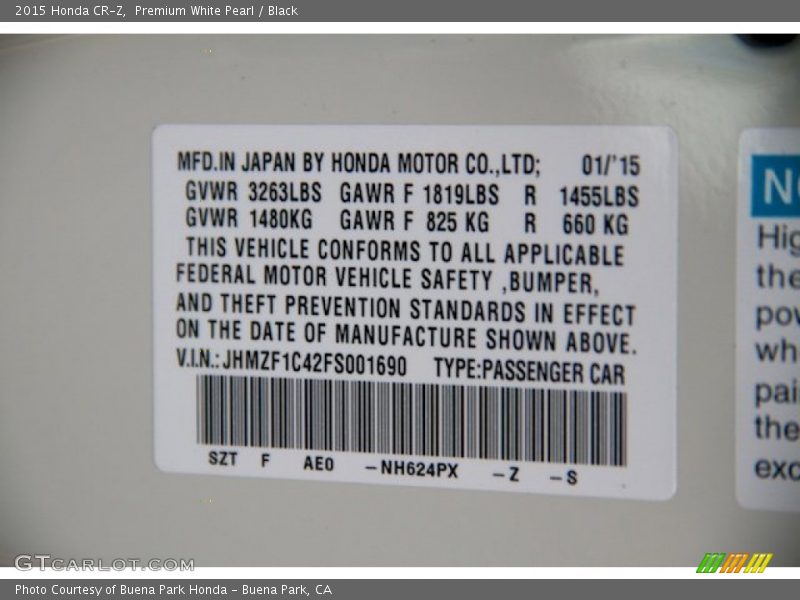 2015 CR-Z  Premium White Pearl Color Code NH624PX