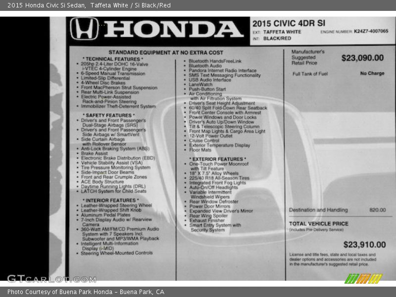  2015 Civic Si Sedan Window Sticker