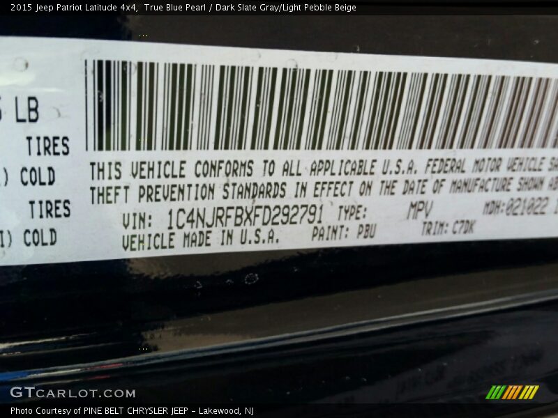 True Blue Pearl / Dark Slate Gray/Light Pebble Beige 2015 Jeep Patriot Latitude 4x4