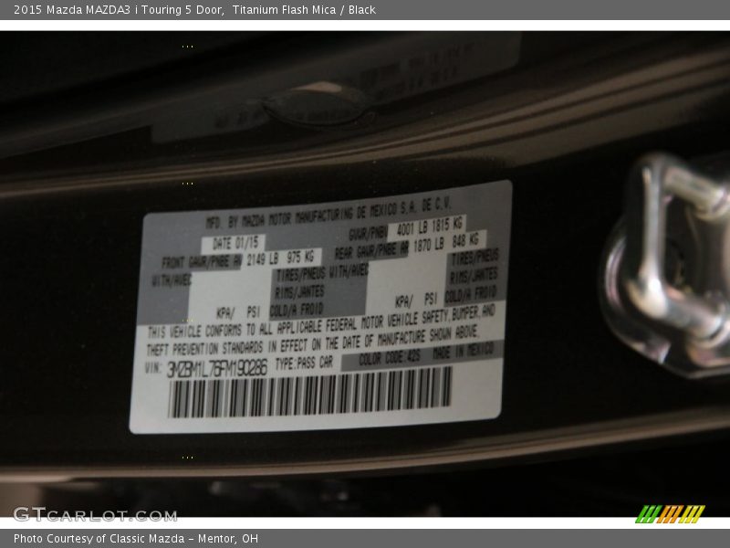 2015 MAZDA3 i Touring 5 Door Titanium Flash Mica Color Code 42S