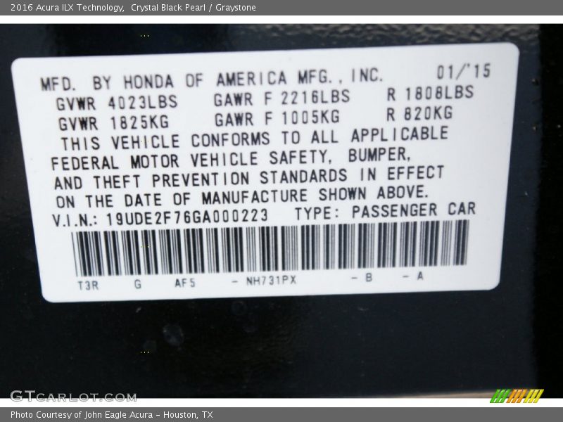 2016 ILX Technology Crystal Black Pearl Color Code NH731PX