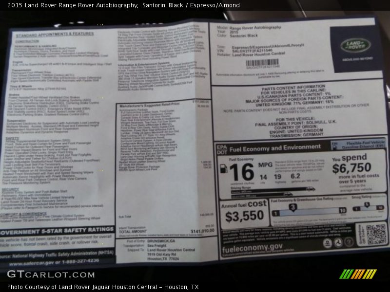  2015 Range Rover Autobiography Window Sticker