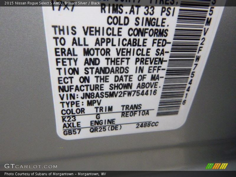 2015 Rogue Select S AWD Brilliant Silver Color Code K23