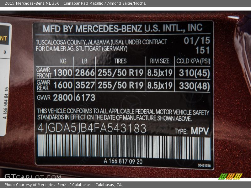 2015 ML 350 Cinnabar Red Metallic Color Code 151
