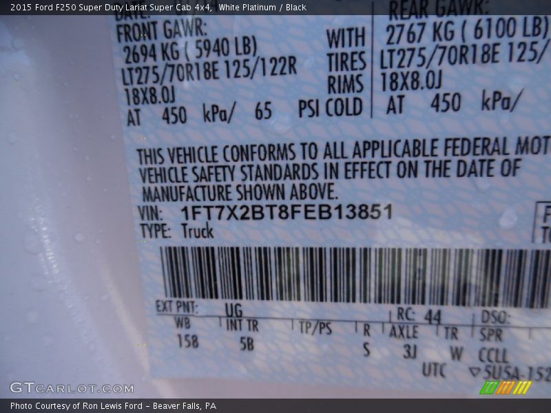 2015 F250 Super Duty Lariat Super Cab 4x4 White Platinum Color Code UG